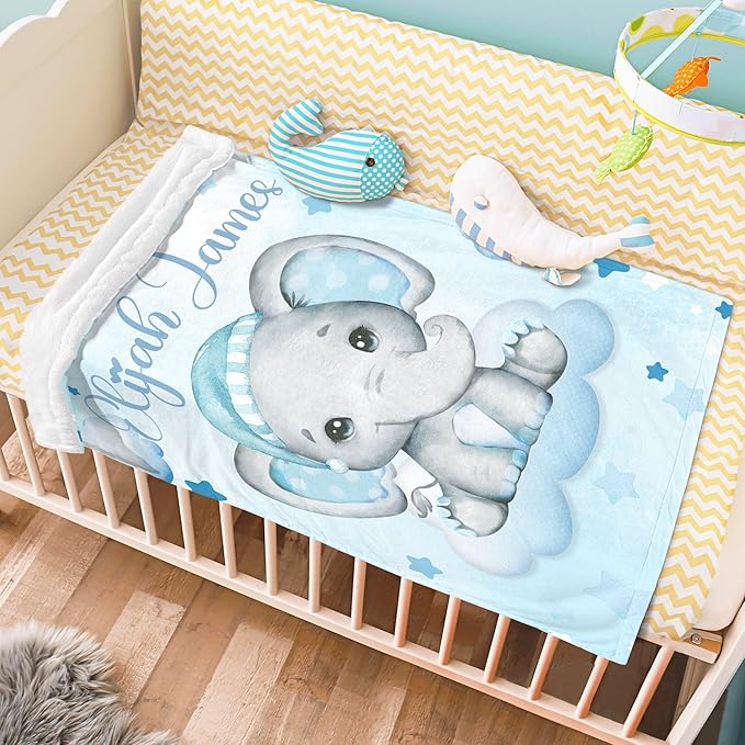 J&SBGFT Personalized Baby Blanket for Boys,Custom with Name, Customized Name Receiving Blankets Toddlers Kids Nursery Stroller Crib Decor Throw 30/''x40/'',Color2, 02-blue Elephant