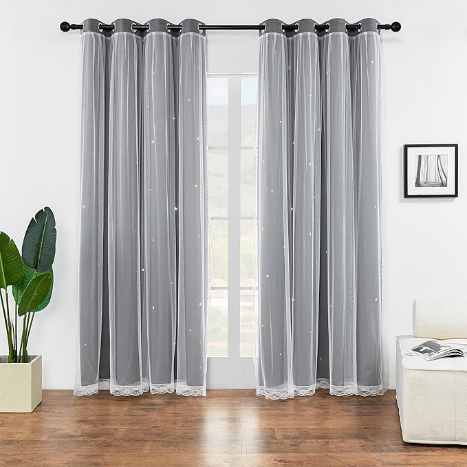 XiDi Girls Curtains for Bedroom with Star, Ideal for Kids Room with Unicorn Theme, Blackout Curtains for Living Room Princess Room Deco 96 inchs Long 52 inches Wide 2 Panel Grey