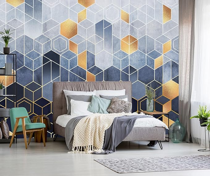 Blue and Gold Geometric Wallpaper Mural for Living Room Bedroom（Not Peel and Stick）