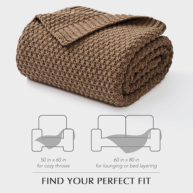 EVERGRACEHOME Chunky Chenille Knit Throw Blanket for Couch, Soft Luxurious Moss Stitch Blankets for Bed, Cozy Decorative Farmhouse Knitted Throws for Sofa, Camel Brown, 60" x 80"
