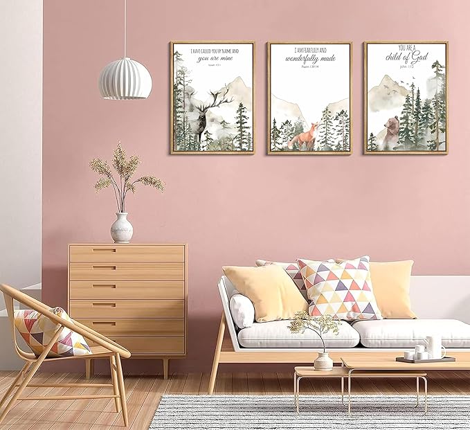 3pcs Forest Animals Bible Verse Wall Art Misty Forest Deer Bear Fox Paintings Canvas Prints Poster Inspirational Quotes Pictures Wall Decor for Home Bedroom Nursery Baby Room Playroom Decor Unframed