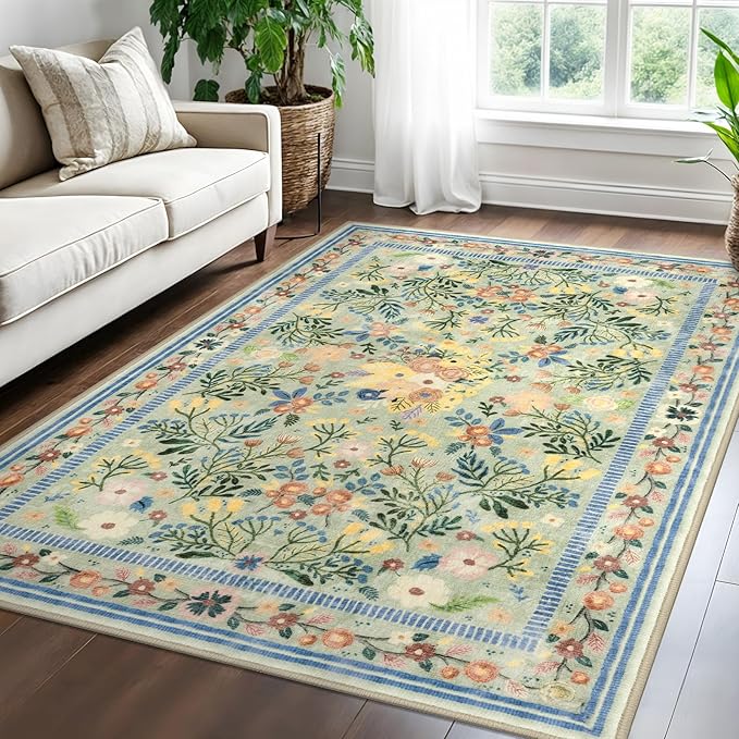Area Rugs for Living Room 5x7, Washable Boho Green Thin Floral Living Room Rug Non-Slip, Vintage Bedroom Indoor Carpet for Dining Room Kitchen Office Playroom, Green/Multi