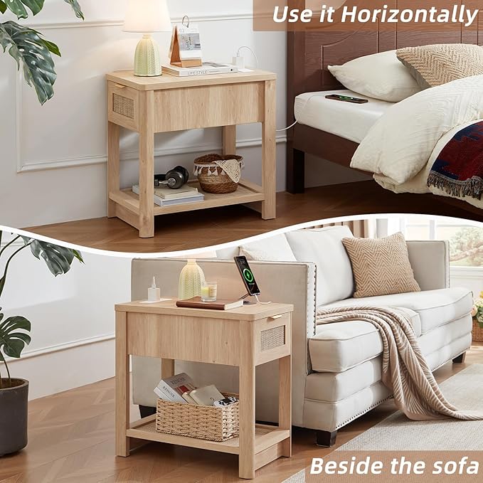 Lerliuo Rattan Night Stand Set of 2, Narrow Nightstand with Charger Station, Boho Bed Side End Table with Drawer Rattan Shelf for Small Spaces, Natural Wood Bedside Tables for Living Room Bedroom