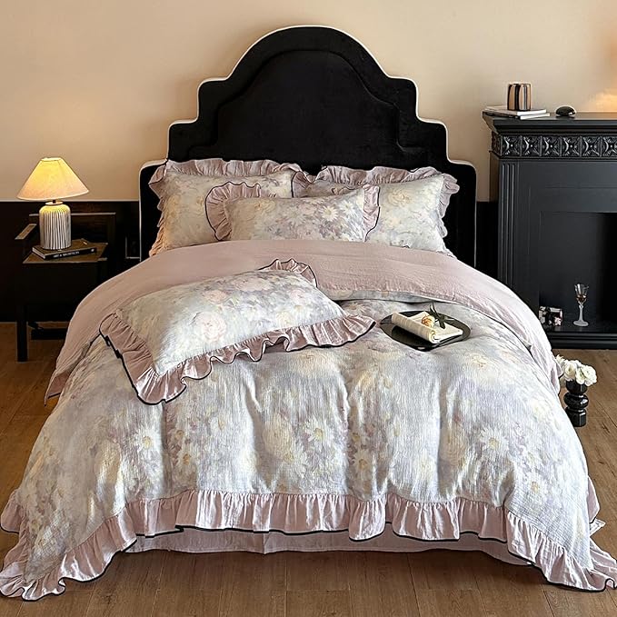 HighBuy Linen Duvet Cover Full Size,Farmhouse Purple Floral Bedding Comforter Cover with 2 Ruffle Lace Pillowcases,Chic Cottagecore Natural French Yarn-Dyed Cotton with Zipper Closure,Full