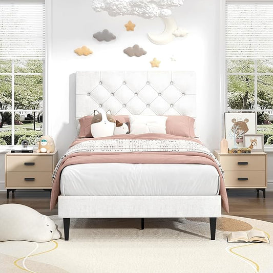 BarnFurin Twin Bed Frame, Upholstered Platform Bed with Button Tufted Headboard, Fabric Bed Frame with Wooden Slats Support, No Box Spring Required, Easy Assembly, White