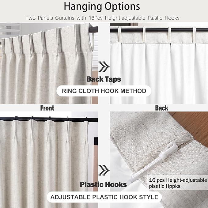 IVAPUPU Natural Pinch Pleated Full Blackout Curtains Linen Blend Room Darkening Window Curtains 95 inch 1 Panel for Living Room Bedroom Thermal Insulated Curtain Drapes with 12 Pcs Hooks 70''Wx95''L