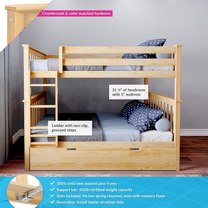Max & Lily Bunk Bed, Full-Over-Full Wood Bed Frame For Kids With Trundle, Natural