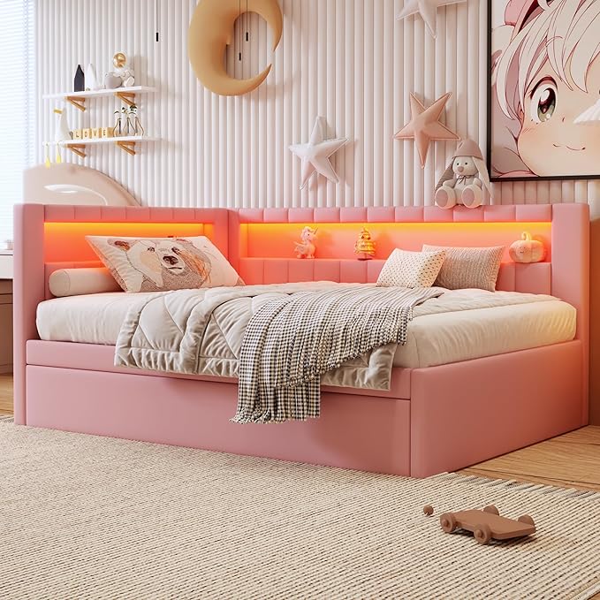 Full Size Daybed with Trundle and L-Shaped Bookshelf Headboard, Linen Upholstered Soft Corner Bed with Storage Shelves, Charging Station and LED Belt for Kids Boys Girls, Pink