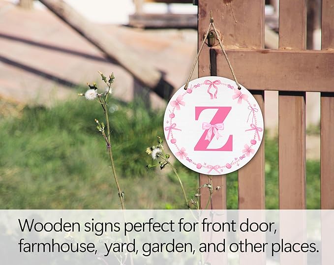Monogram Round Sign For Front Door, Cherry Bow Theme Sign For Porch Art Wall Door, Initial Signs Hanging Ornament For Indoor Outdoor, Decorations Gifts For Four Seasons Rustic Home Kitchen, Z, A26
