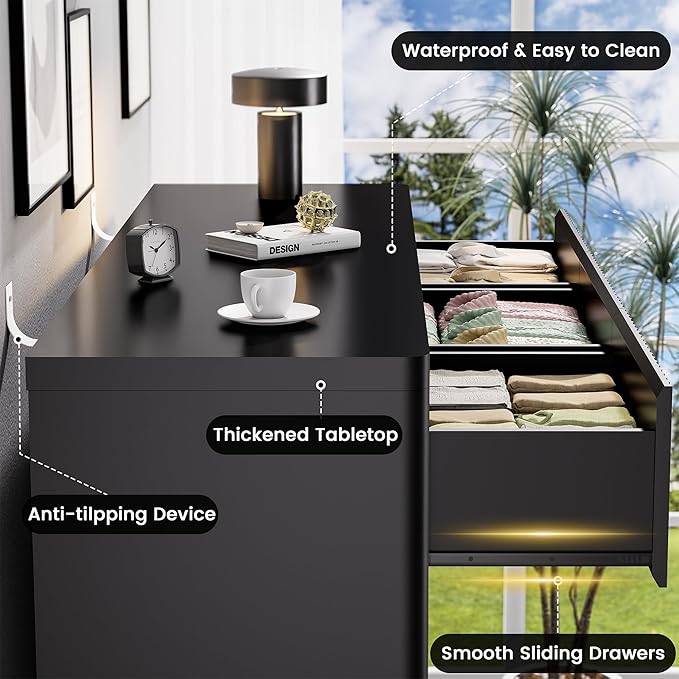 Black 9 Drawers Dresser, 57" Wide Fluted Dresser for Bedroom, Modern Chest of Drawers with Curved Profile, Handleless, Wooden TV Stand with Organizer Storage for Living Room, Entryway