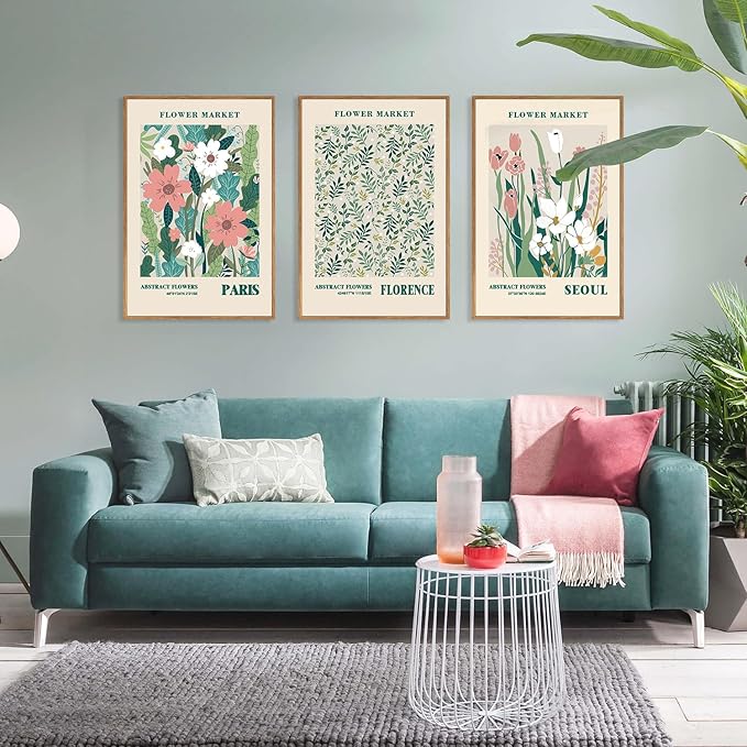 HLNIUC Flower Market Wall Art Prints, Boho Floral Wall Decor, Large Matisse Sage Green 24"x36" Framed Art Set of 3, Abstract Colorful Botanical Painting for Living Room, Bedroom, Office