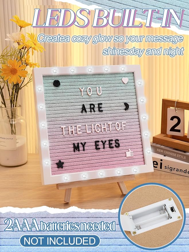 Changeable Felt Letter Board with LED Lights - 10×10" Message Custom Signs & Wood Stand & 450 Letters, Poster Board for Christmas/Pregnancy/Baby Announcement/Baby Shower/Wall Decor Gifts, Gradient