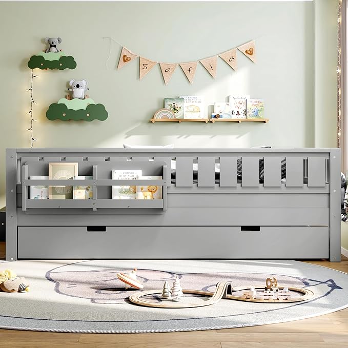 Bellemave Full Bed with Trundle and Stairs, Full Size Platform Bed Frame with Fence and Bookshelf, Easy Assemble Beds for Kids, Girls, Boys, Gray