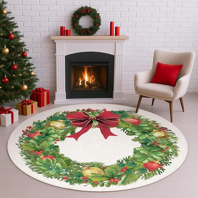 6' Machine Washable Christmas Round Area Rug, Non-Slip Vintage Floral Circle Floor Rugs for Kids, Low Pile Room Carpet for Living Room, Bedroom, Dining Room & Nursery(6' Christmas Wreath)