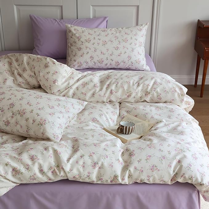 Rose Flower Duvet Cover Twin XL White Soft Cotton Comforter Cover Girls Pink Floral Bedding Set Vintage Country Style Flower Comforter Cover with 2 Pillowcases Cottagecore Floral Duvet Cover Set