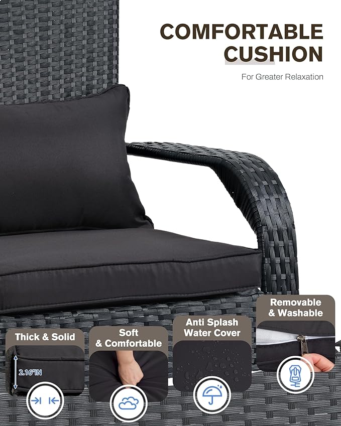 Outdoor Rocking Chair Set of 2- Outdoor Rattan Rocker Chair with Heavy-Duty Steel Frame- All Weather Rocker Chair for Garden, Porch, Poolside, Backyard (Black, 320lbs)