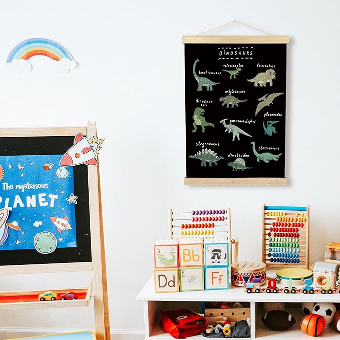 BCUANGD Dinosaur Dino Wall Decor - Baby Toddler Boys Room Wall Art Poster Hanger with Wood Frames, Inspirational Black Hanging Canvas Decor for Kids Room Playroom Nursery Bedroom, 12x16 Inches