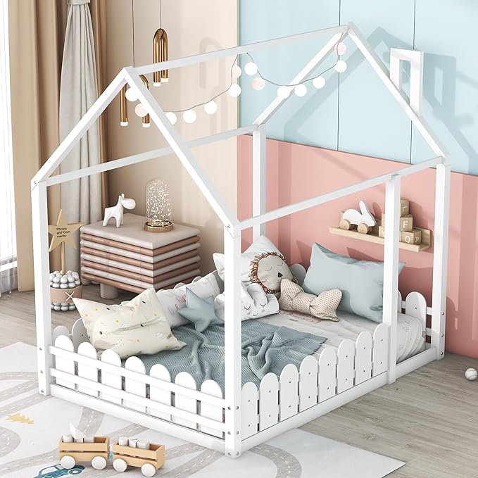 Bellemave Full Size Kids Floor Bed Frame with Fences, Wooden Full House Bed with Roof Can be Decorated for Kids Girls Boys (White)