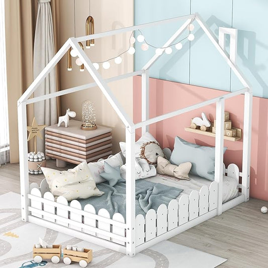Bellemave Full Size Kids Floor Bed Frame with Fences, Wooden Full House Bed with Roof Can be Decorated for Kids Girls Boys (White)