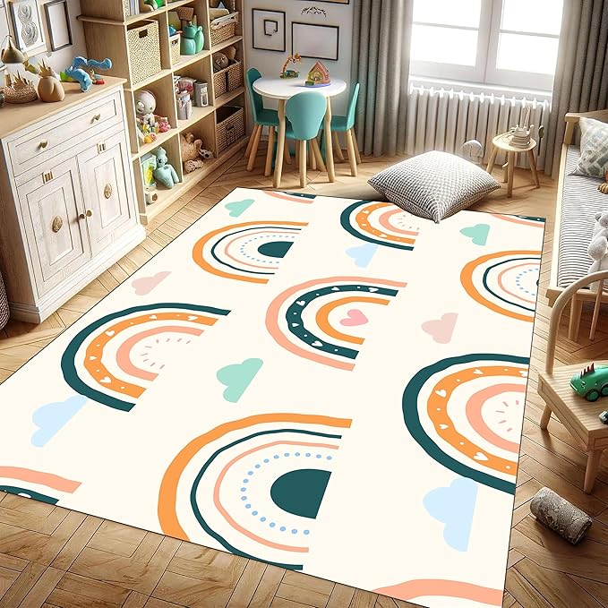 Children's Carpet Girl's Bedroom Rainbow Carpet Living Room Area Rugs Soft Washable Non-Slip Rugs Simple Lovely Rainbow White Cloud Print Children's Room Nursery Decoration Beige 2x4ft