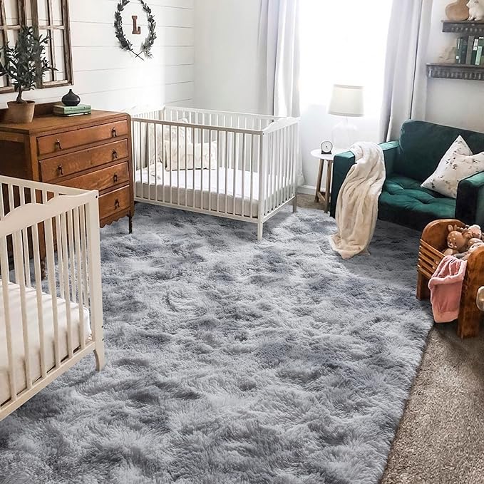 BENRON Fluffy Rugs for Living Room 5x8 Tie-dye Grey, Washable Large Area Rugs for Bedroom Dining Table Office Kids Nursery Room, Washable Indoor Floor Carpets