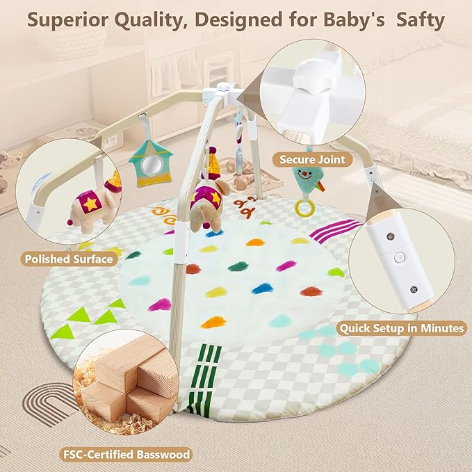 Bella’s Friends Baby Play Gym Mat, Stage-Based Developmental Tummy Time Mat, Wooden Activity Center for Baby with 4 Detachable Sensory Toys and Reversible Mat, Baby Essentials Gifts for Newborn Infant