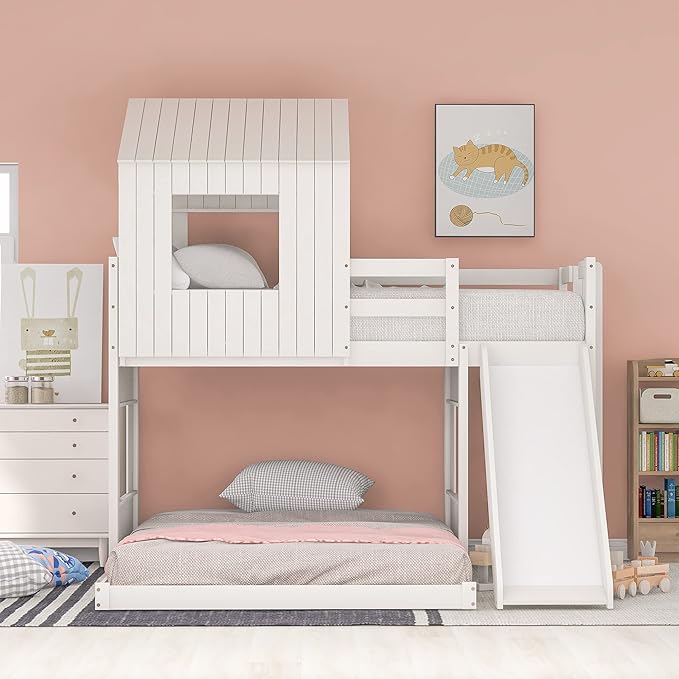 MERITLINE House Bed Bunk Beds with Slide Twin Over Full Size Bunk Bed Frame with Slide,Wooden Playhouse - Design Slide Bunk Beds Twin Over Full Bunk for Boys and Girls