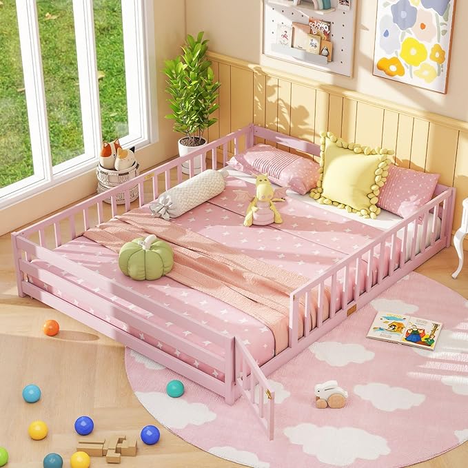 Giantex Queen Floor Bed with Door & Fence, Kids Wood Montessori Beds with Safety Guardrails, Floor Bed Twin for Kids, Boys, Girls, No Box Spring Needed, Pink