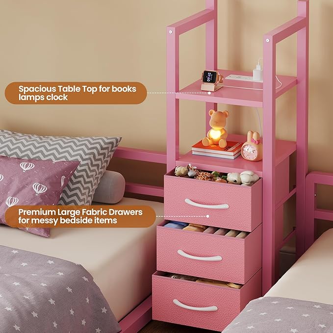 BTHFST Triple Bunk Bed Twin Size with House, 4 Storage Drawers, Charging Station and LED Lights, Metal Kids Bunk Bed with 13.4" H Safety Guardrail and Play Curtain, DIY House Shaped Bed, Pink