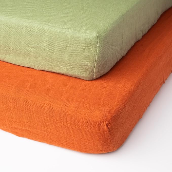 Salt Earth 100% Organic Cotton Muslin Standard Fitted Crib Sheet, 52"x28", 2 Pack Soft Breathable Natural Cotton Sheets Baby Mattress Bed Sheets, No Slip Baby Christmas Crib Sheets (Green & Rust)