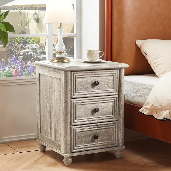 18" Farmhouse Night Stand, Wood Nightstand with 3 Drawers, Grey Bedside End Table with Storage and Roman Column, Bed Side Tables Cabinet for Bedroom, Living Room, and Closet