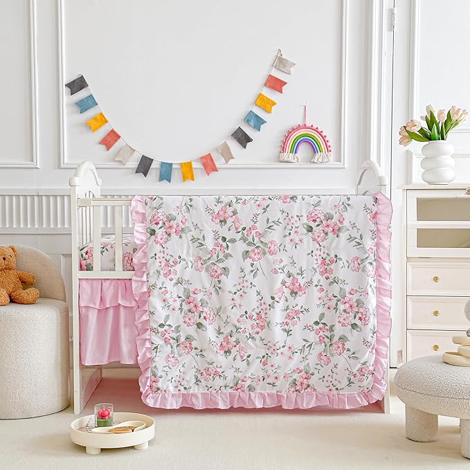 3 Pieces Pink Rose Flowers Mini Crib Bedding Set Baby Ruffled Quilted Comforter with Fitted Sheet and Bed Skirt - Cute Ruffled Shabby Chic Baby Girls Bedding Soft Blanket Floral Design