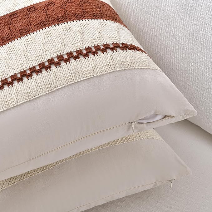 Fancy Homi Set of 2 Rust Boho Lumbar Decorative Throw Pillow Cover 12x20 Inch for Couch Bed Sofa, Aesthetic Modern Organic Fall Room Decor, Soft Cotton Cute Terracotta Farmhouse Cushion Case