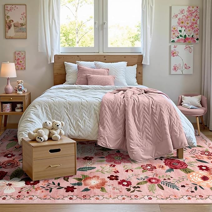 6x9 Washable Area Rug for Living Room, Floral Non-Slip Non-Shedding & Easy Care, Soft Low Pile Vintage Indoor Floor Carpet for Living Room, Bedroom, Farmhouse, Dining Room, Kids Playroom, Pink