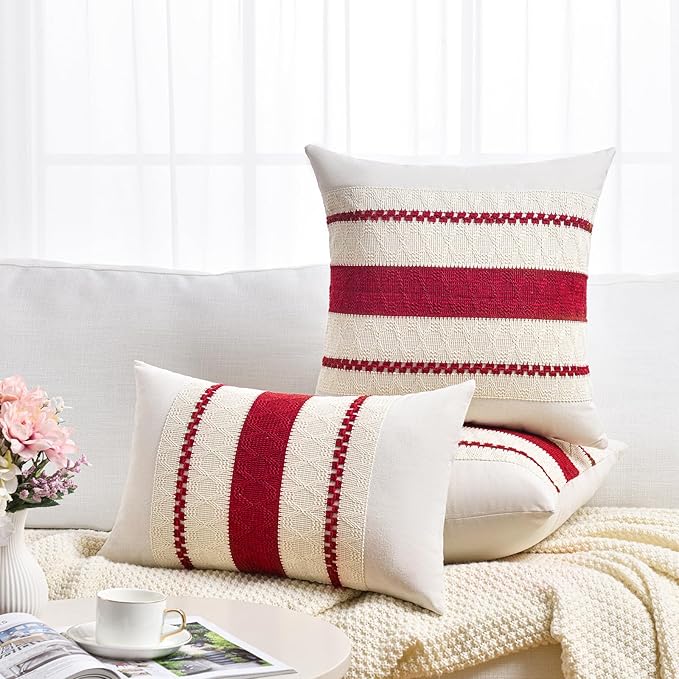 Fancy Homi Set of 2 Boho Red Lumbar Decorative Throw Pillow Cover 12x20 Inch for Couch Bed Sofa Chair, Modern Organic Farmhouse Home Decor, Soft Cotton Cute Accent Rectangle Cushion Case