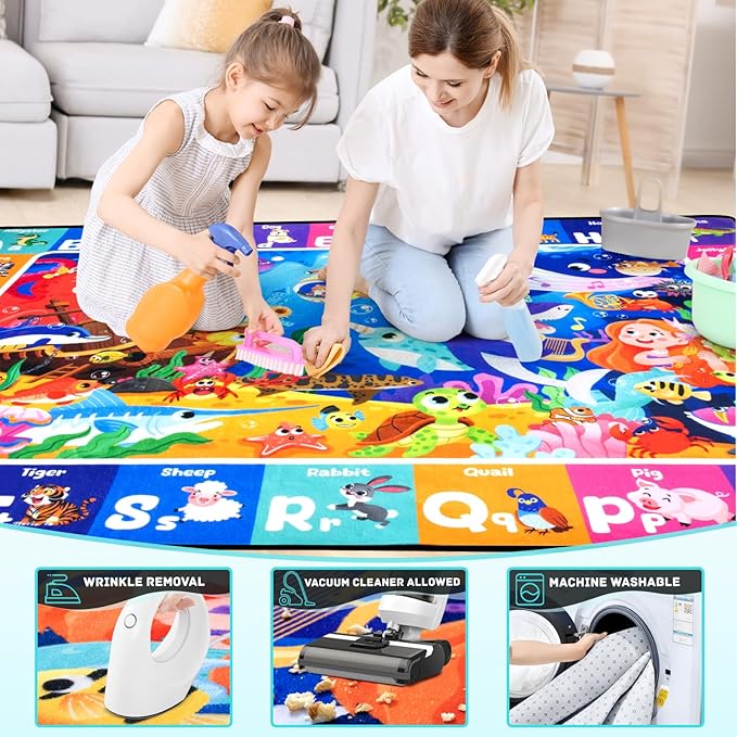 Ocean ABC Rug for Kids Playroom 3x5FT Sea Animals Kids Rugs Non-Slip Play Carpet Baby Play Mat for Floor Washable Alphabet Nursery Preschool Daycare Classroom Carpet