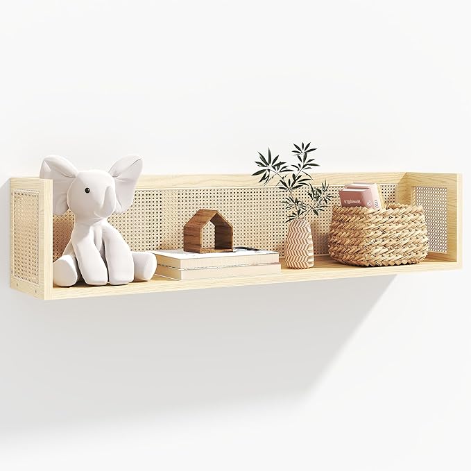 Rattan Wall Shelf - 36 Inch Long Natural Pine Wood Floating Wicker Shelf for Neutral Nursery Decor and Living Room, Bedroom