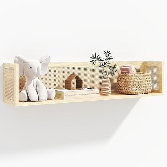 Rattan Wall Shelf - 36 Inch Long Natural Pine Wood Floating Wicker Shelf for Neutral Nursery Decor and Living Room, Bedroom