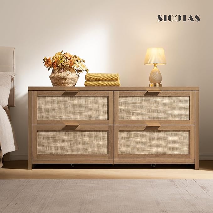 SICOTAS 60.8" Dresser for Bedroom, Rattan Boho Dresser with 4 Deep Drawers, Large Chest of Drawers for Closet,Nursery,Dressers TV Stand for Bedroom (Reclaimed Caramel Oak, 4 Drawers (1 pc))