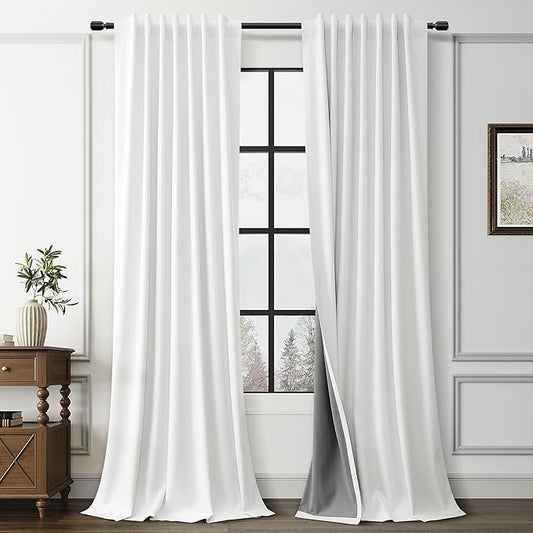 Guken Off White 100% Black Out Linen Curtains for Living Room 120 Inches Long Linen Farmhouse Nature Back Tab Room Darkening Thermal Insulated Patio Drapes for Sliding Door 2 Panels Set 52x120 10Ft