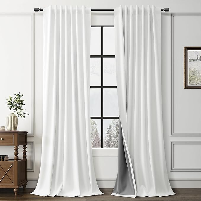Guken Off White 100% Room Darkening Linen Curtains for Bedroom 108 Inches Long 2 Panels Linen Farmhouse Nature Back Tab Hook Belt Home Decor Privacy Drapes for Room Divider Sliding Door 52x108 9Ft