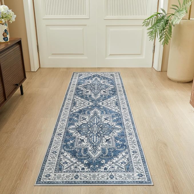 WITSHOCK Boho Area Rugs Machine Washable for Living Room Bedroom, 2x6 Vintage Non-Slip Stain Resistant Floor Carpet Indoor for Bedroom Kitchen Entryway Bathroom, Blue