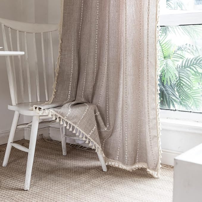 Deeprove Boho Curtains 96 Inches Long for Nursery Bedroom Christmas Decor, Vintage Bohemian Embroidery Weighted Cotton Linen French Country Window Treatments with Tassel,Natural W52 x L96, 1 Panel
