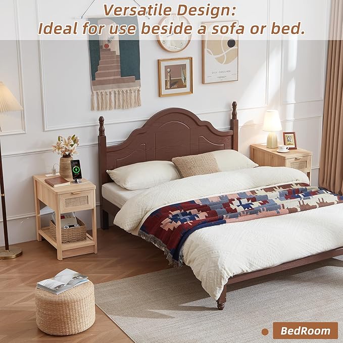 Lerliuo Rattan Night Stand Set of 2, Narrow Nightstand with Charger Station, Boho Bed Side End Table with Drawer Rattan Shelf for Small Spaces, Natural Wood Bedside Tables for Living Room Bedroom