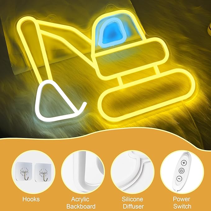 Excavator Neon Sign, Vibrant LED Light Decoration, Construction Decor for Boys Room, Bedroom, Playroom, Man Cave – Ideal Gift for Kids and Teens