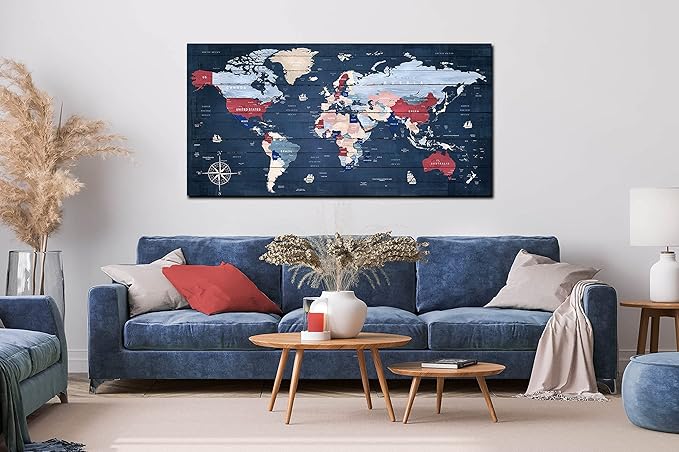 ZHAOSHOP World Map Wall-Art for Living Room - Blue Wall Decor for Teen Bedroom - Large Canvas Wall Art Stretched and Framed Ready to Hang Size 47" x 23"