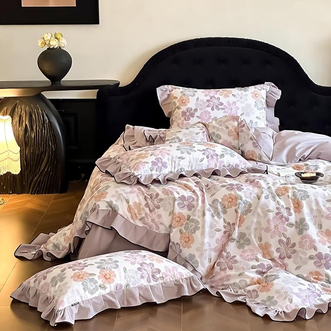HighBuy Aesthetic Floral Duvet Cover Set King Ruffle Vintage,100% Brushed Cotton Coquette Ruffle Bedding Set,Purple Blush Flowers Bedding Set,Duvet Cover with 2 Pillowcases (20"x36")