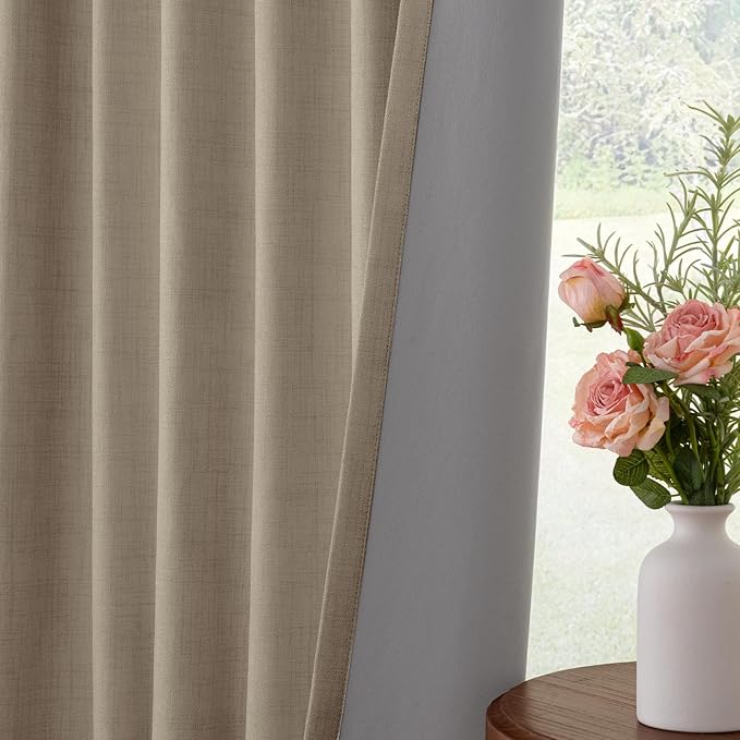 INOVADAY 100% Blackout Curtains for Bedroom, Black Out Curtains 90 Inch Long, Clip Rings Linen Blackout Drapes, Thermal Insulated Room Darkening for Living Room, 2 Panels - Earthy Beige,W50xL90