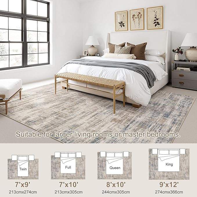 Area Rug for Living Room: 9x12 Washable Neutral Abstract Modern Soft Rugs Non Slip Indoor Floor Stain Resistant Large Carpet for Bedroom Dining Room Office Nursery - Brown