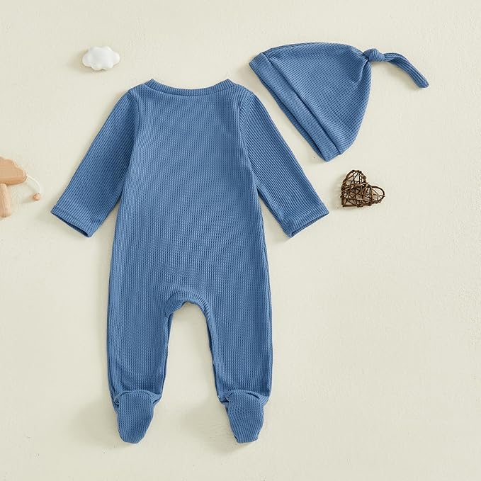 Hello I'm New Here Newborn Outfit Boy Letter Embroidery Waffle Knit Long Sleeve Footed Jumpsuit Coming Home Outfit Hat